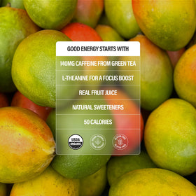 GURU Peach Mango Punch serving in glass emphasizes flavorful, long-lasting energy.