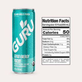 GURU PUNCH can being poured into a glass to illustrate smooth energy