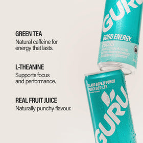 GURU PUNCH cans on table with glass to suggest refreshing energy