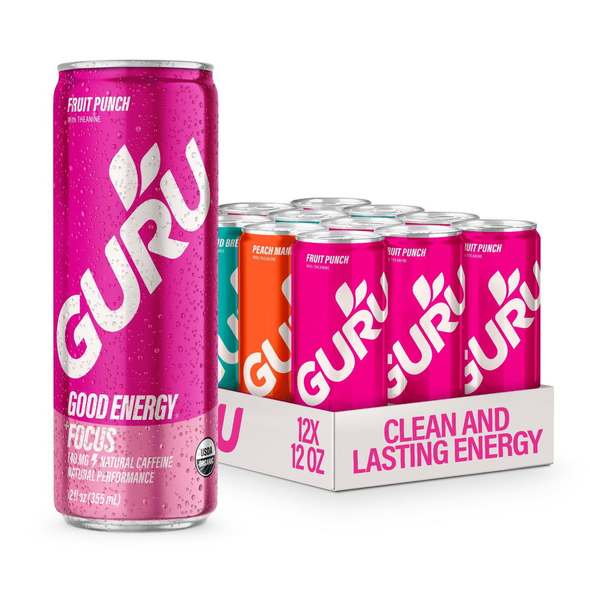GURU PUNCH variety pack front view showing 12oz cans for clean energy