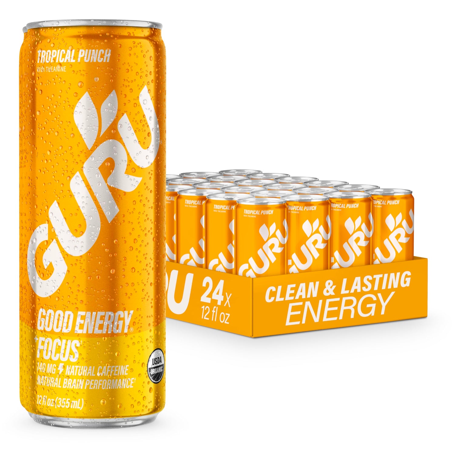GURU Tropical Punch energy can close-up highlighting natural caffeine boost for focus.