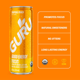 Green tea caffeine and L-Theanine ingredients highlighted on GURU label.