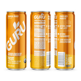 12-pack of GURU Tropical Punch cans arranged for easy gifting.