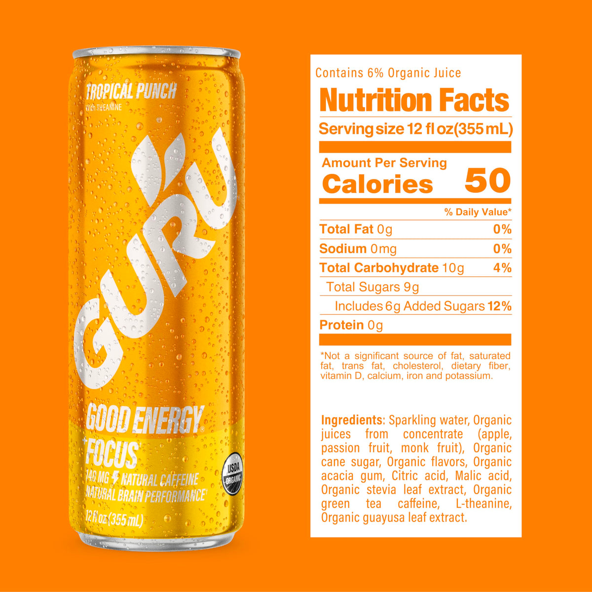 Vegan and gluten-free certification icons on GURU Tropical Punch can.