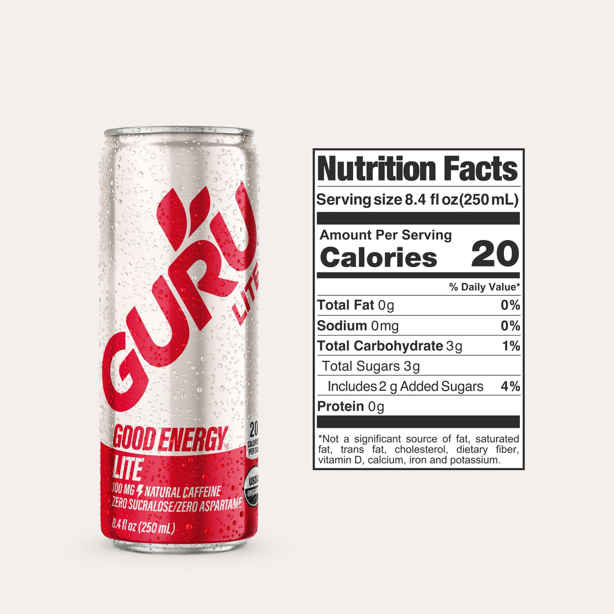 GURU vegan gluten-free badge on can emphasizes clean ingredients for mindful energy.
