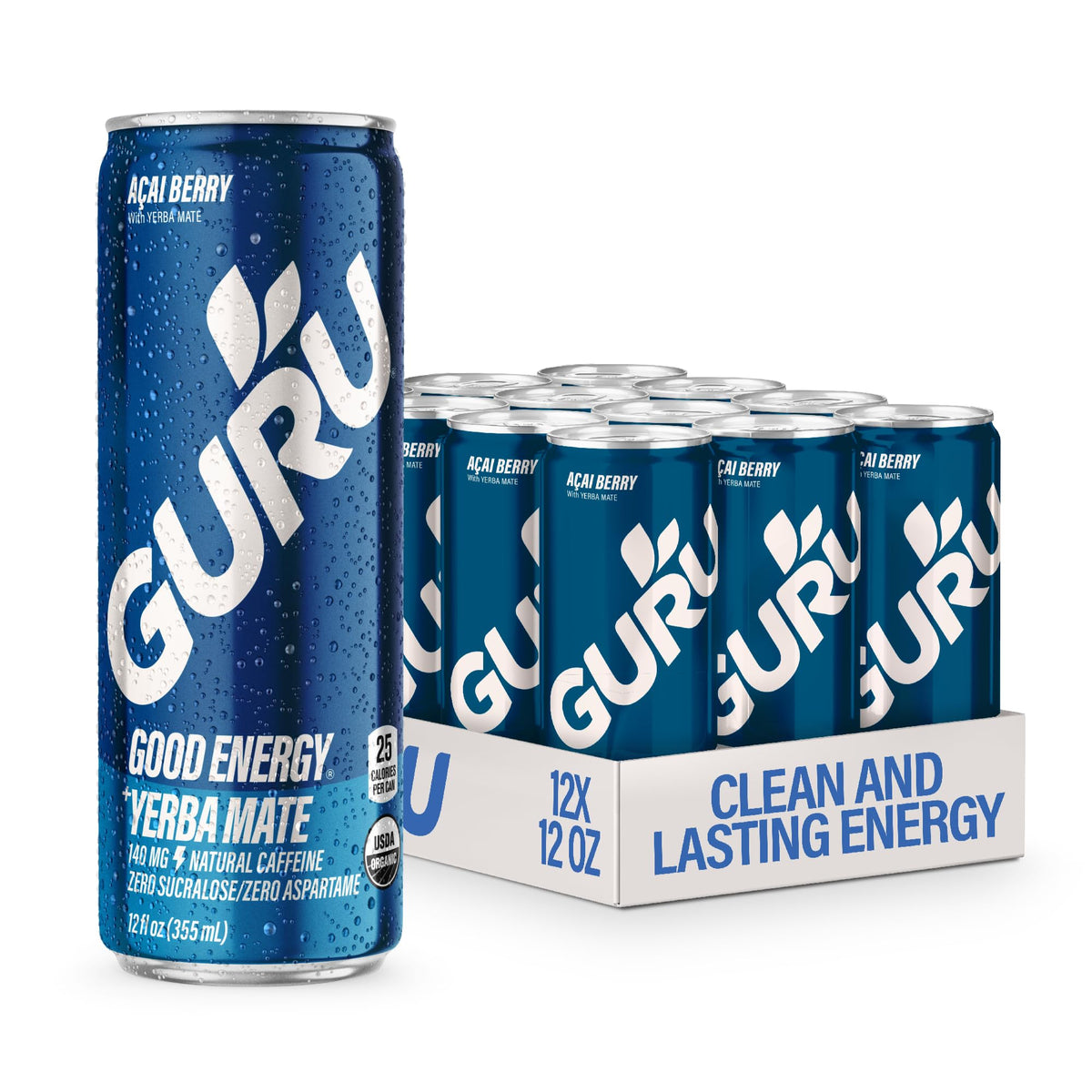 GURU Yerba Mate Organic Energy can shows Acai Berry flavor for natural, sustained energy.