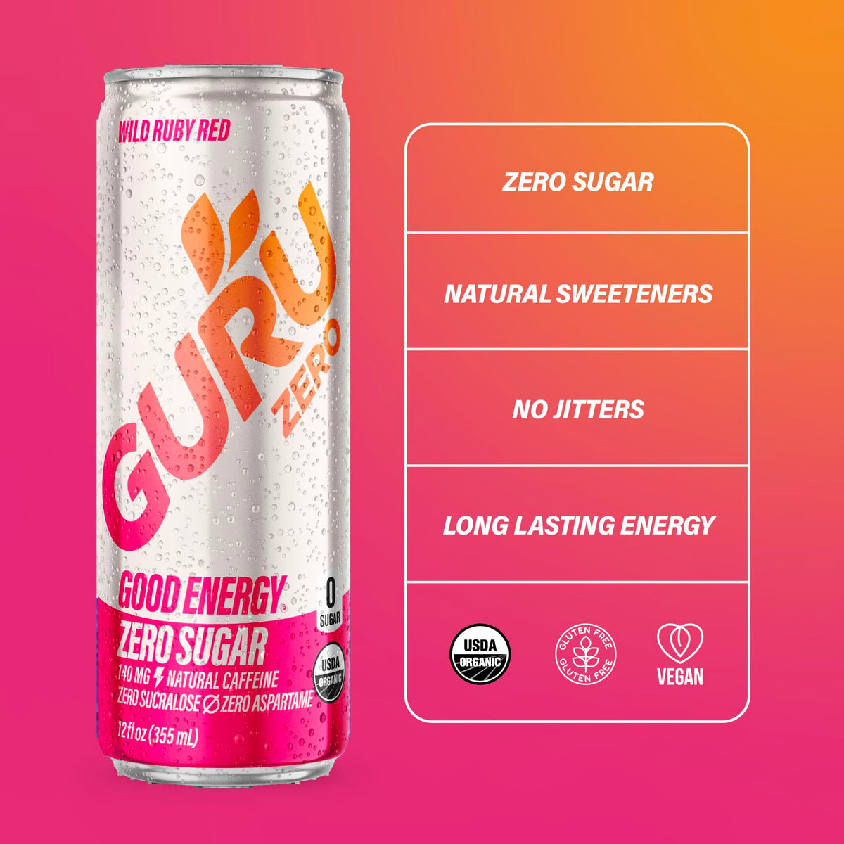 GURU Zero Sugar green tea caffeine splash conveying natural energy source.