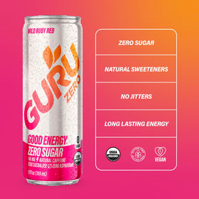 GURU Zero Sugar green tea caffeine splash conveying natural energy source.