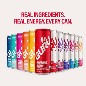GURU Zero Sugar ingredient list image featuring coconut water and prebiotic inulin