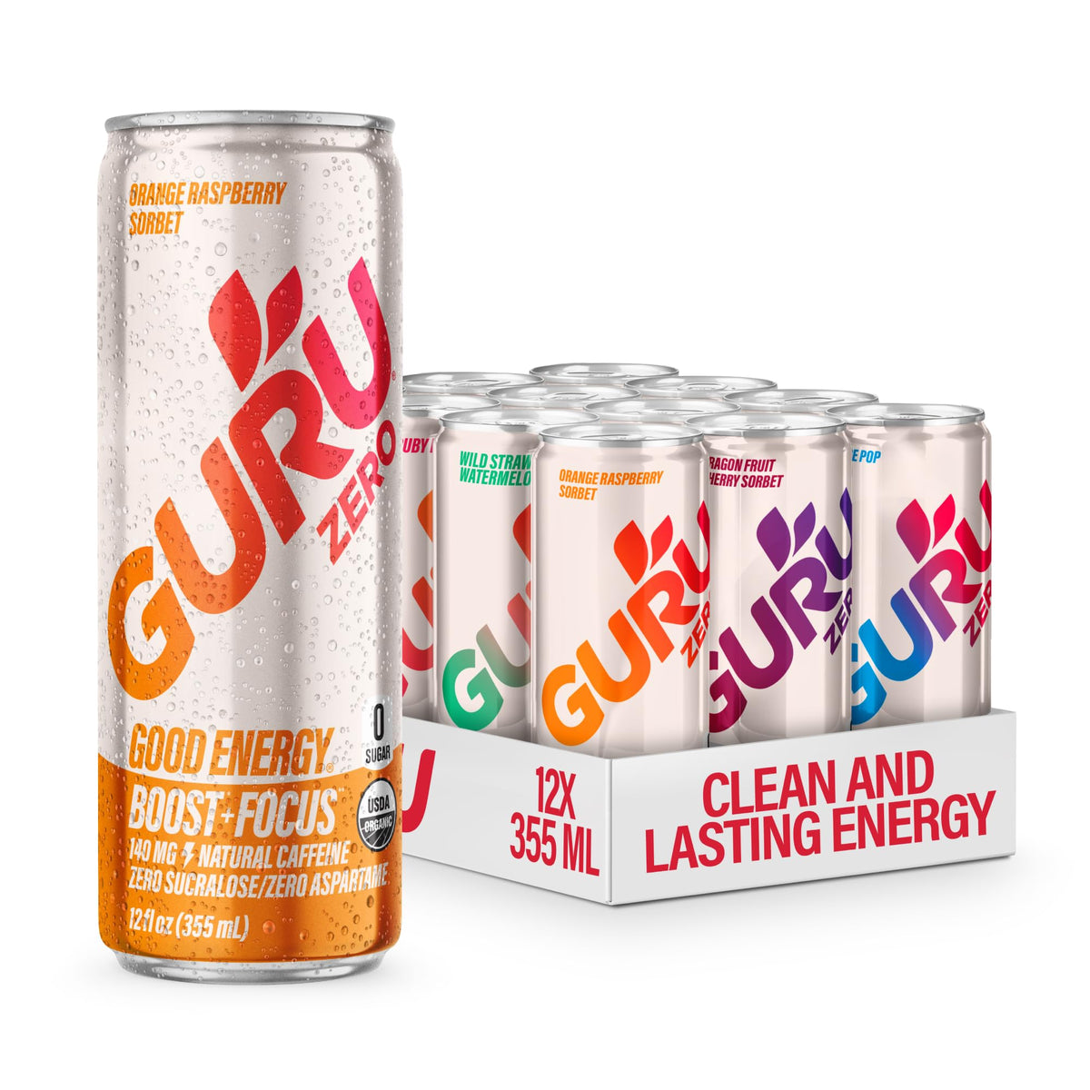 GURU Zero Sugar Orange Raspberry can with energy-boosting profile for workouts