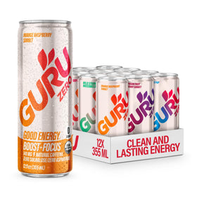 GURU Zero Sugar Orange Raspberry can with energy-boosting profile for workouts
