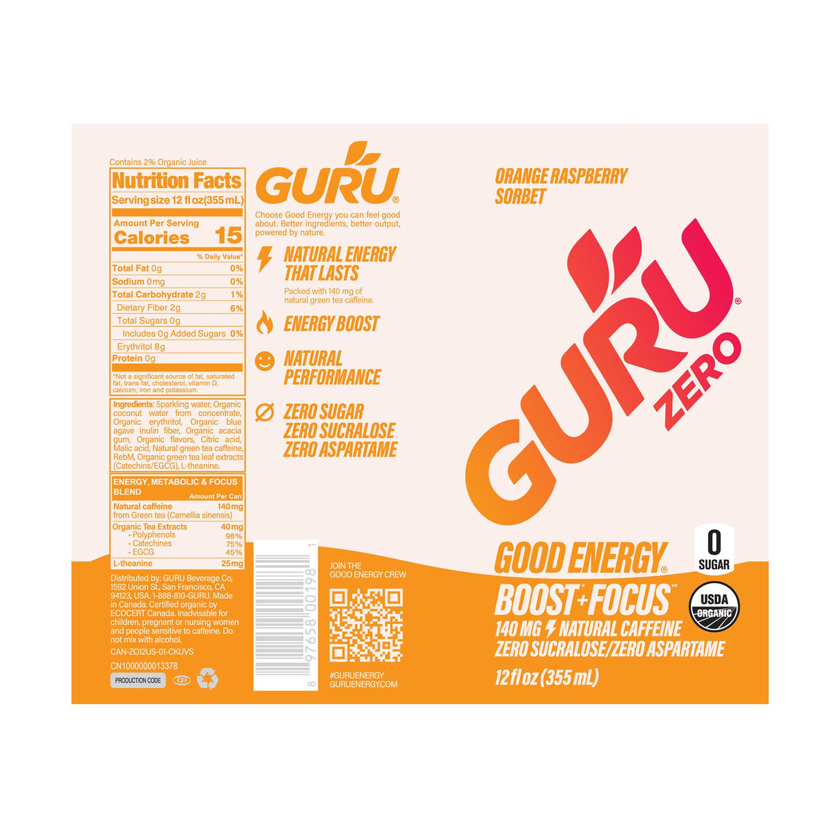 GURU Zero Sugar 12-pack on display for convenient bulk energy