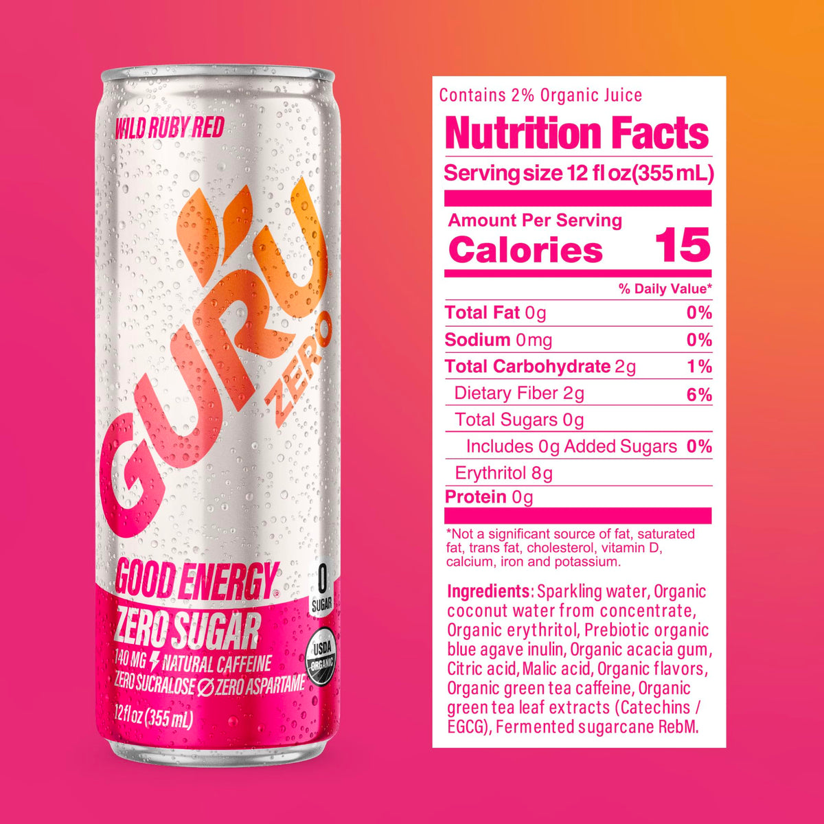 GURU Zero Sugar prebiotic blue agave inulin mention on can side.