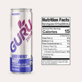 GURU Zero Sugar Wild Berry bottle on display, vegan and gluten-free promise.