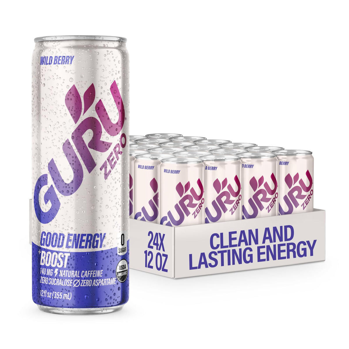 GURU Zero Sugar Wild Berry can with vibrant label, ideal for on-the-go energy.