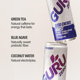 GURU Zero Sugar Wild Berry pour into glass, refreshing hydration during workouts.