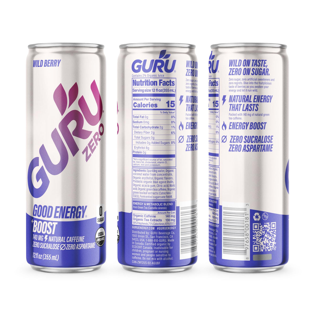 GURU Zero Sugar Wild Berry vegan and gluten-free certification on label.