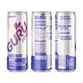 GURU Zero Sugar Wild Berry vegan and gluten-free certification on label.