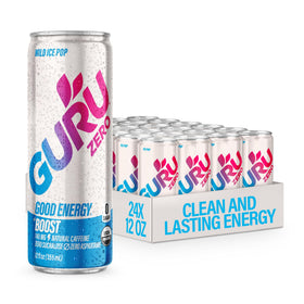 GURU Zero Sugar Wild Ice Pop can shows berry lemonade flavor for clean energy