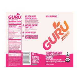 GURU Zero Sugar eco-friendly packaging and gluten-free badge close-up.