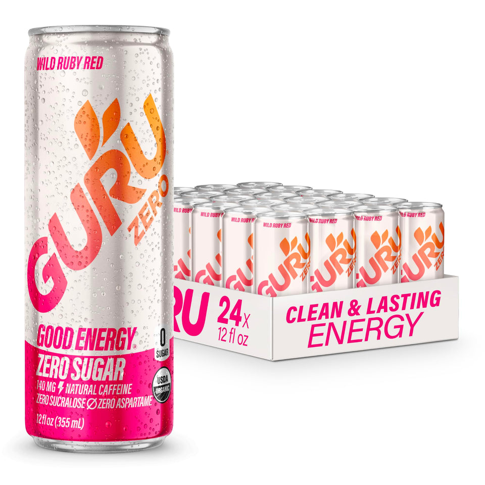 GURU Zero Sugar Wild Ruby Red can showing clean energy from natural caffeine.