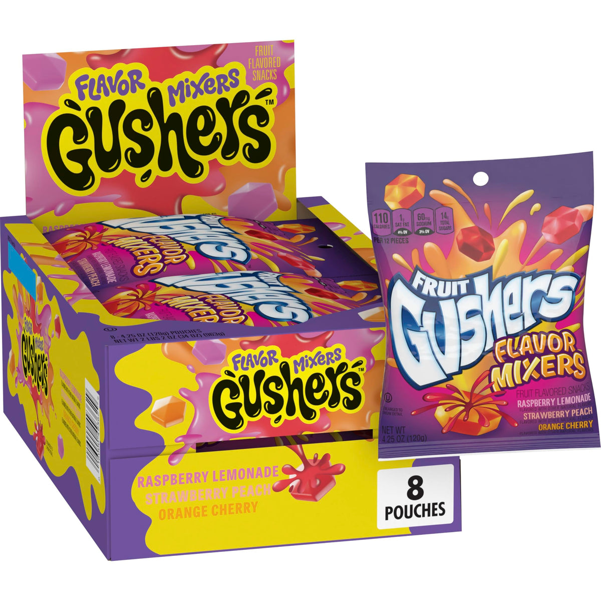 Gushers Flavor Mixers packaging display with colorful pouches for easy snacking.