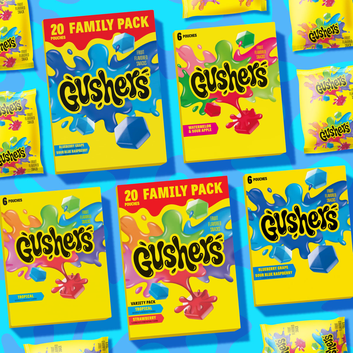 Gushers packaging features gluten-free and gelatin-free badges for dietary options.