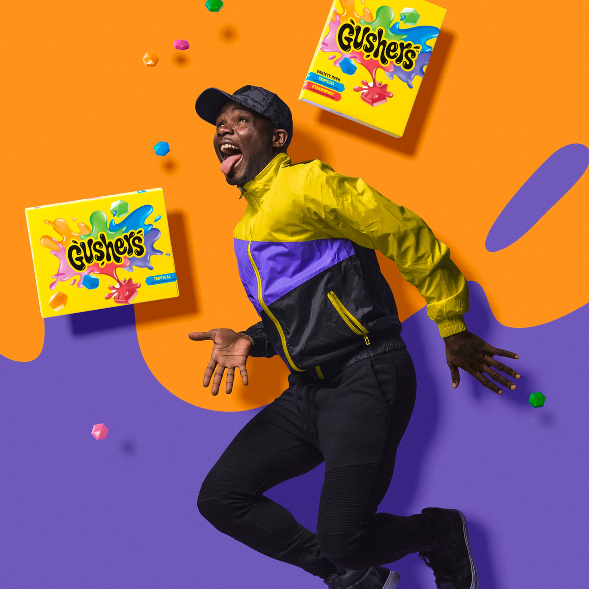 Gushers kids sharing a snack moment with colorful packaging