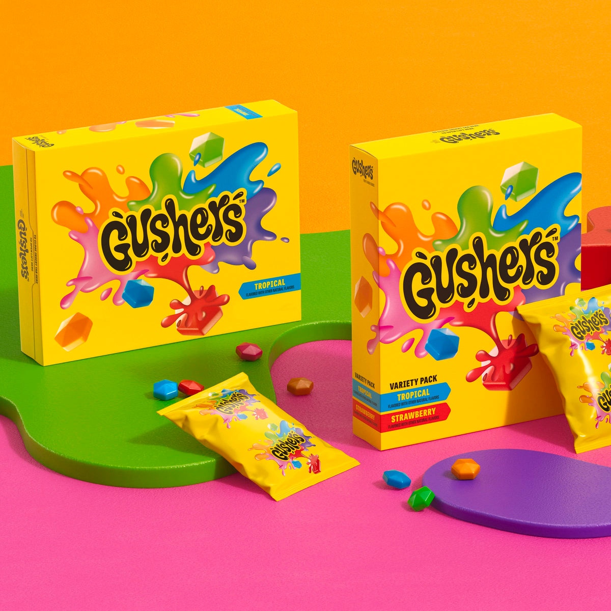 Gushers packaging display featuring ten boxes for families