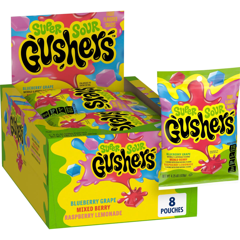 Gushers box of Super Sour Berry snacks, ready for pantry storage and sharing.