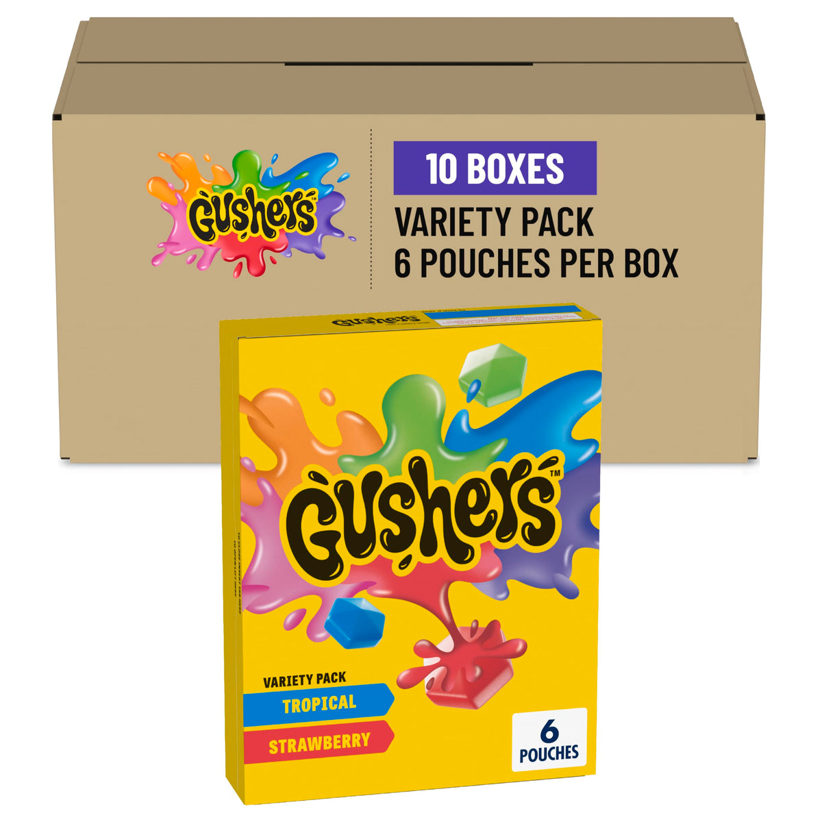 Gushers tropical flavor snack pack shown as a convenient lunchbox treat