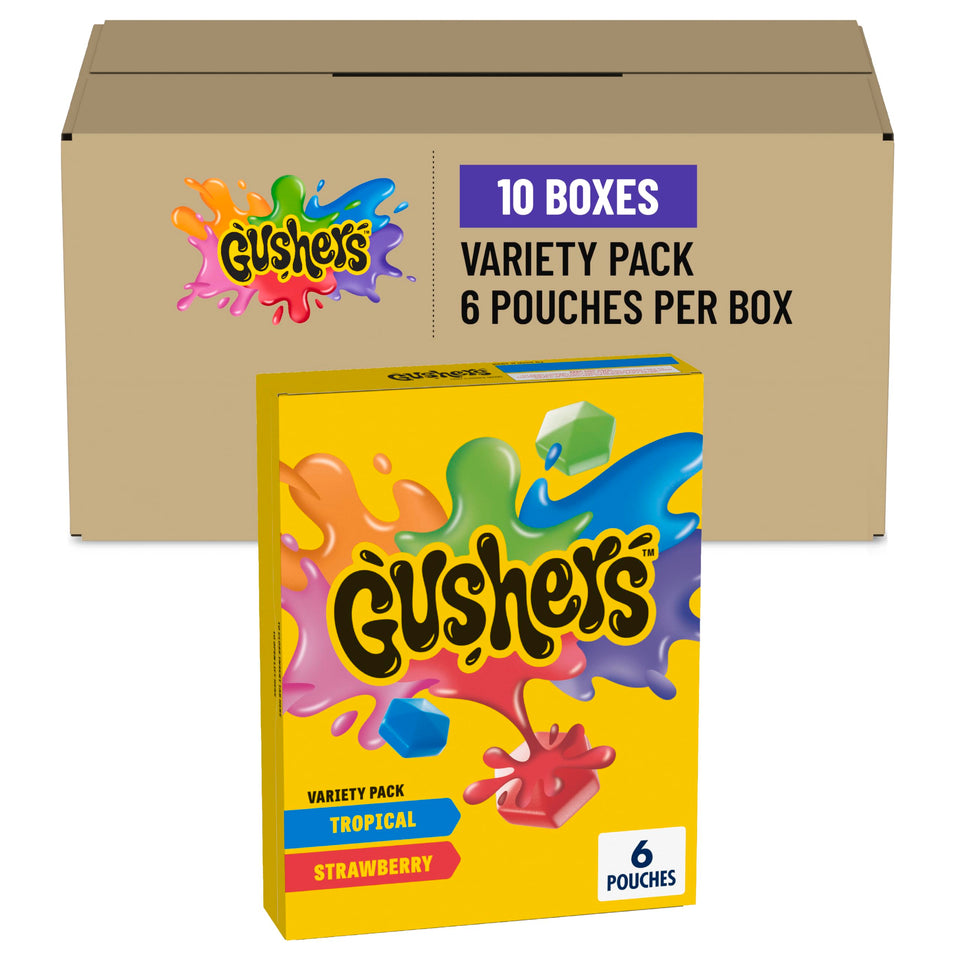 Gushers tropical flavor snack pack shown as a convenient lunchbox treat