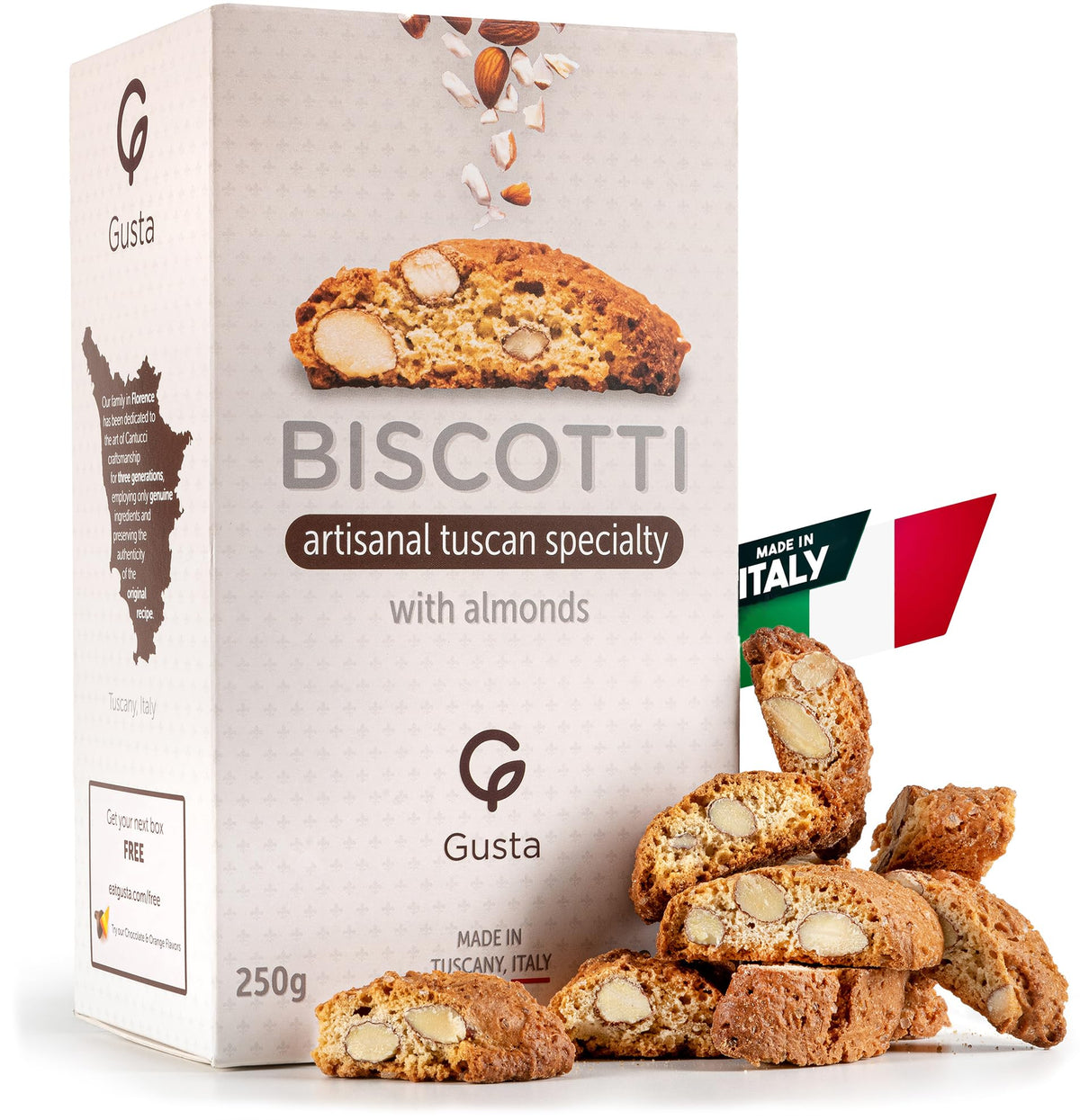 GUSTA original almond biscotti packaging keeps freshness for gifting or everyday enjoyment.