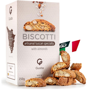 GUSTA original almond biscotti packaging keeps freshness for gifting or everyday enjoyment.