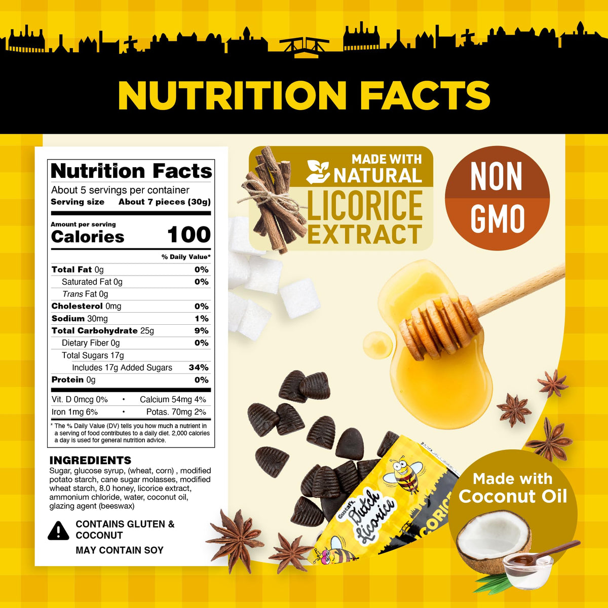 Authentic Dutch licorice profile from Gustaf's Beehive Drops, rich and bold.