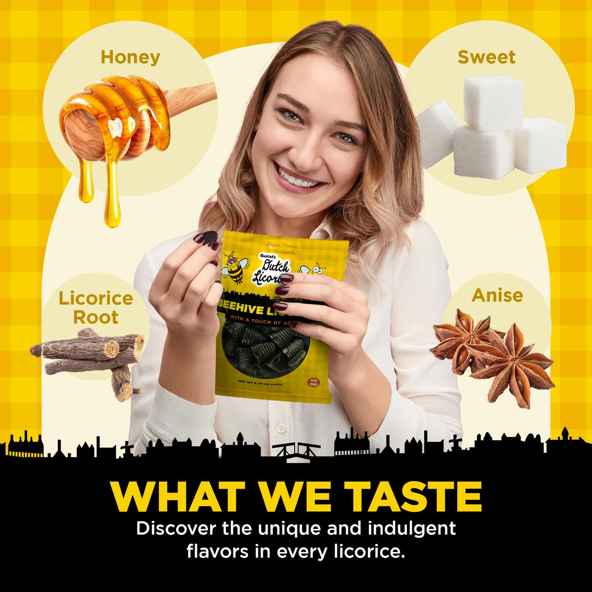 Honey drizzle imagery with Beehive Drops emphasizing natural sweetness.