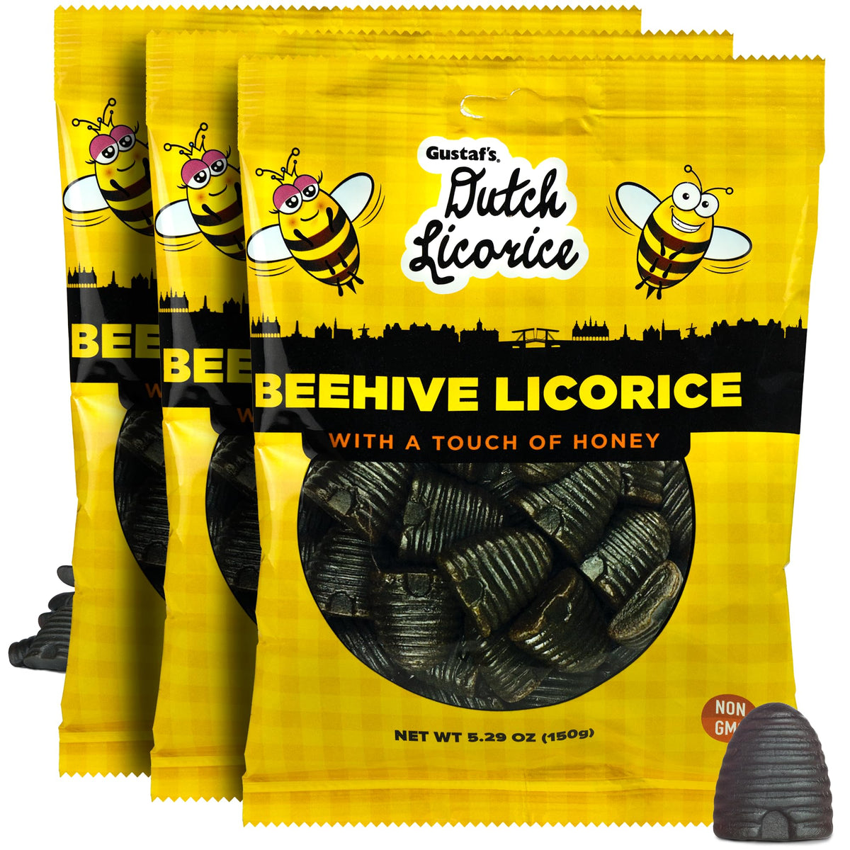 Gustaf's Beehive Drops package on display, ideal for on-the-go licorice snacking.