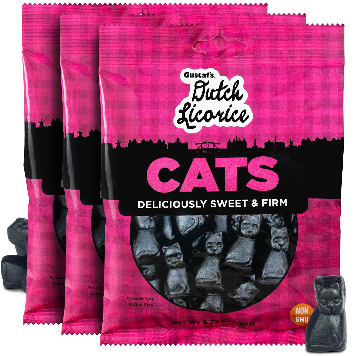 Gustaf's Dutch Licorice Cats 3-pack bag design for easy sharing.