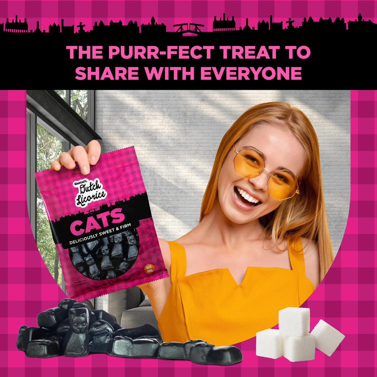 Gustaf's Dutch Licorice Cats Netherlands-origin imagery highlights premium Dutch candy.