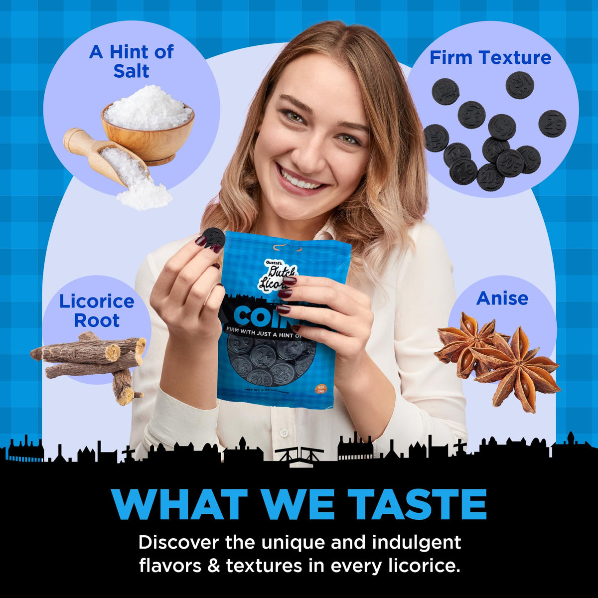 Gustaf's Salted Dutch Licorice Coins bags stacked for gifting and sharing