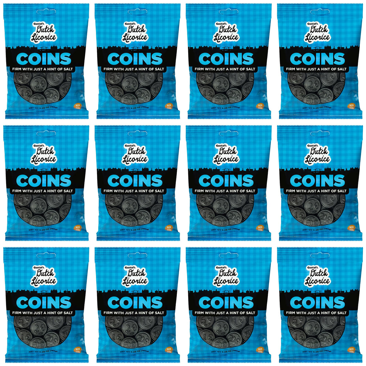 Gustaf's Salted Dutch Licorice Coins front view pack, ideal for sharing at gatherings