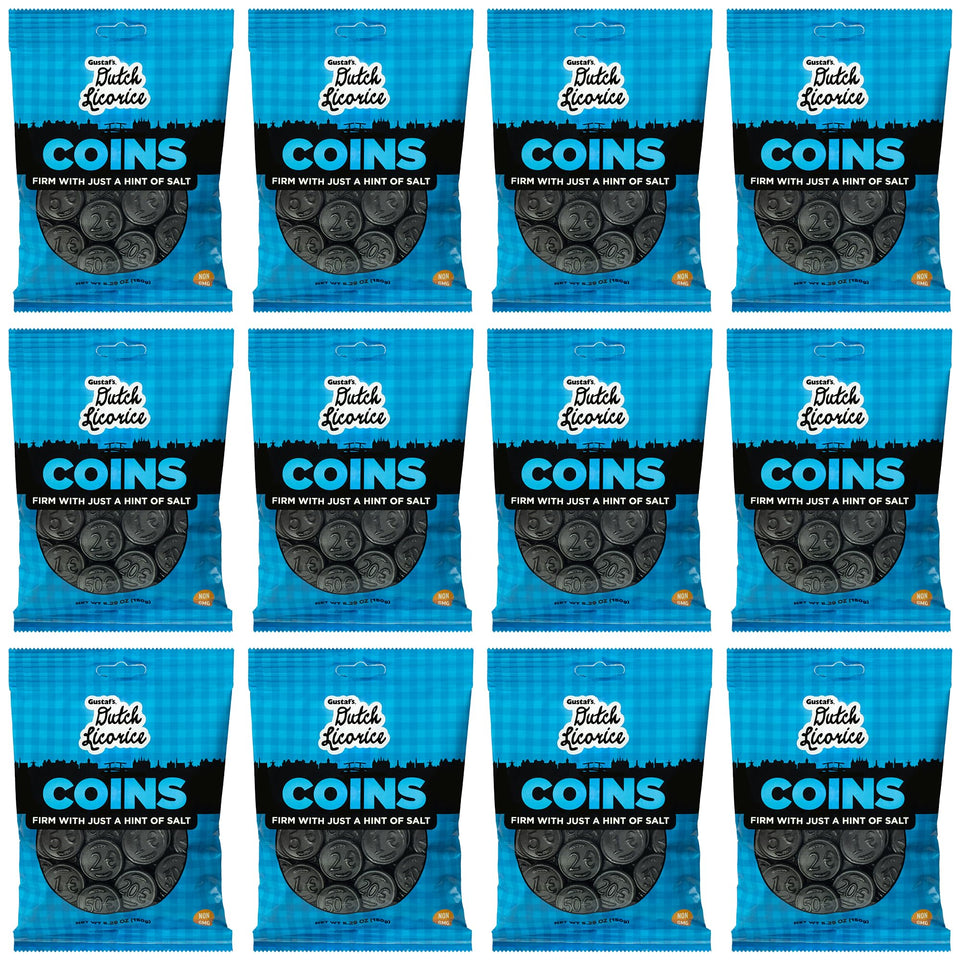 Gustaf's Salted Dutch Licorice Coins front view pack, ideal for sharing at gatherings