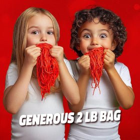 Gustaf's Strawberry Laces 2 lb bags on shelf, great party snack.
