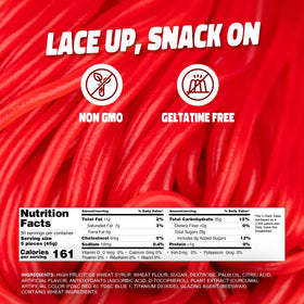 Close-up of Gustaf's Strawberry Laces texture with glossy red strands.