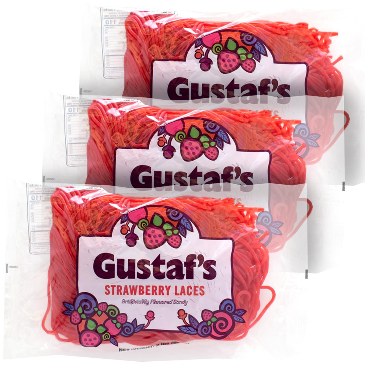 Gustaf's Strawberry Laces three-pack on display, ideal for sharing at parties.