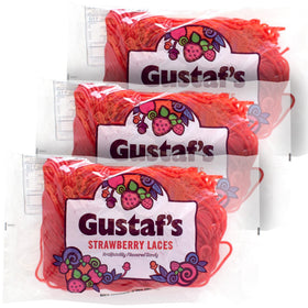 Gustaf's Strawberry Laces three-pack on display, ideal for sharing at parties.