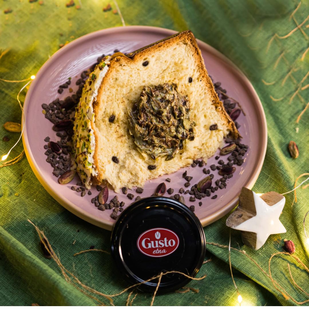 GUSTO ETNA Italian Pistachio Butter jar on rustic table, inviting aroma.