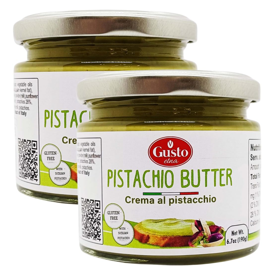 Gusto Etna Pistachio Butter jar showing a silky, spreadable texture for easy use