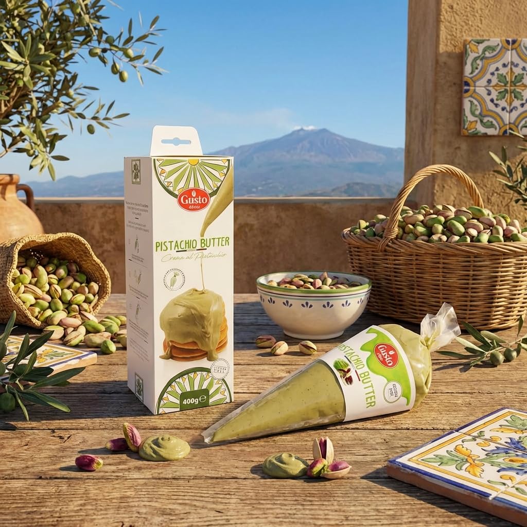 Gusto Etna pistachio butter for Bronte-inspired dessert ideas.