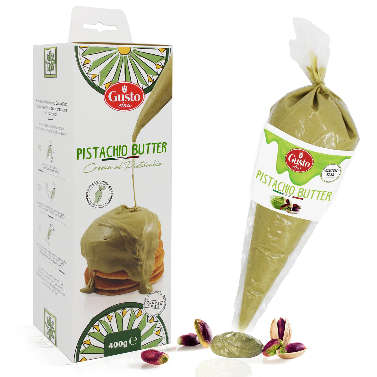 Gusto Etna Pistachio Nut Butter Cream in a squeeze pouch for easy decorating.
